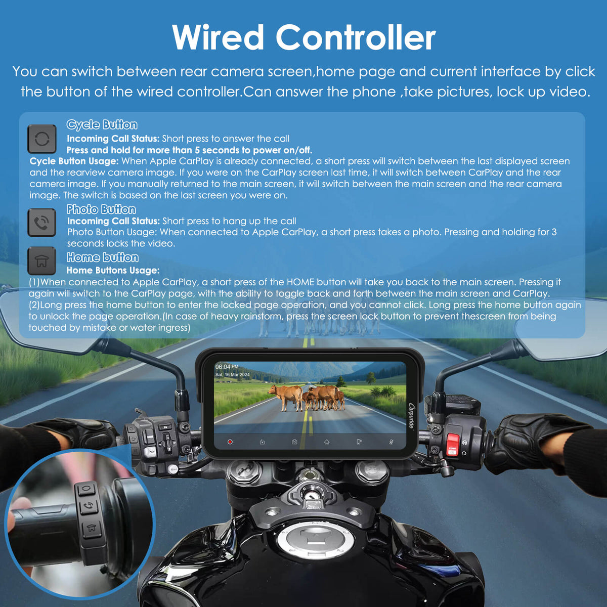 Carpuride W603DS with Optional TPMS | 6-Inch Motorcycle CarPlay | Plug-and-Play BM05 Bracket | Dual Cameras