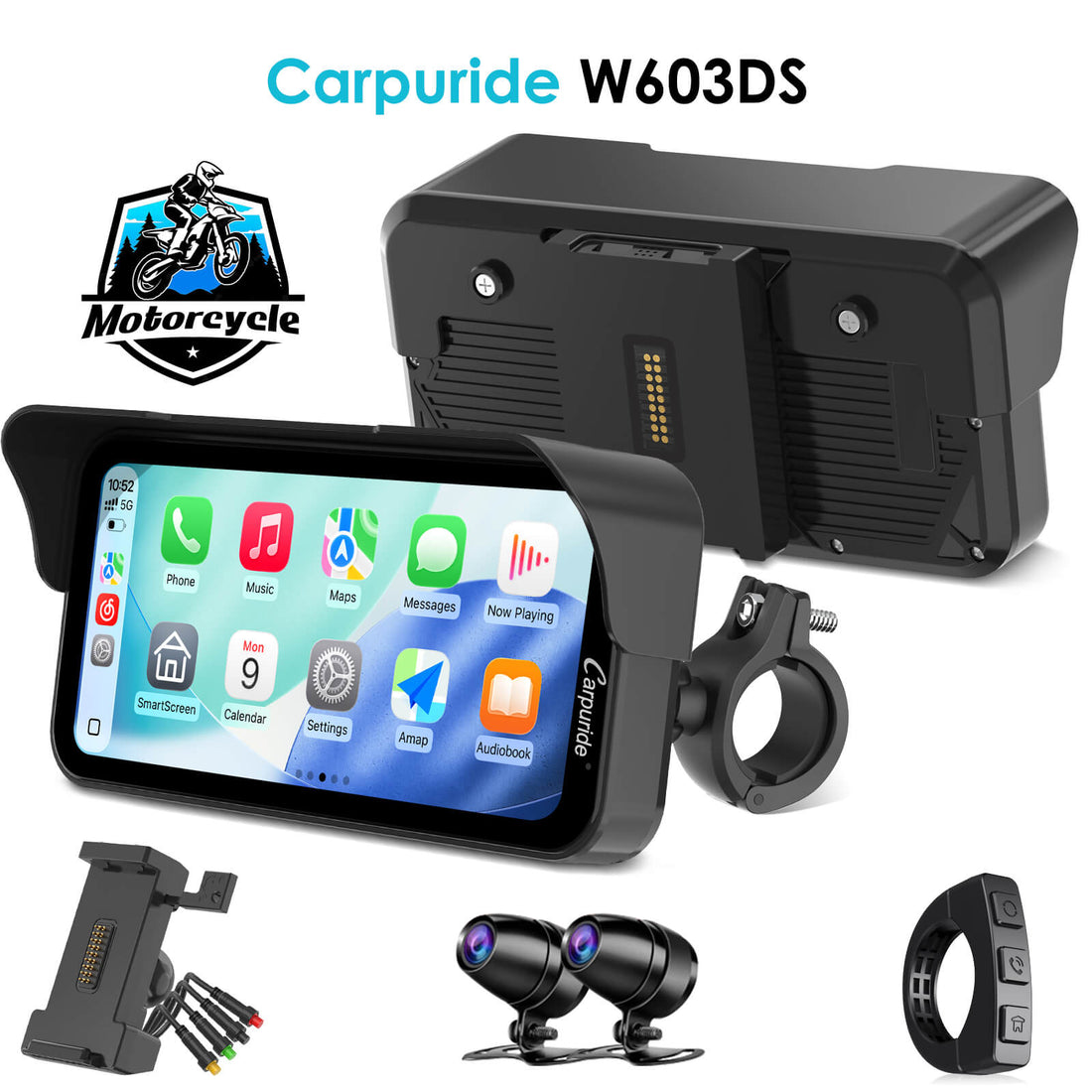 Carpuride W603DS with Optional TPMS | 6-Inch Motorcycle CarPlay | Plug-and-Play BM05 Bracket | Dual Cameras