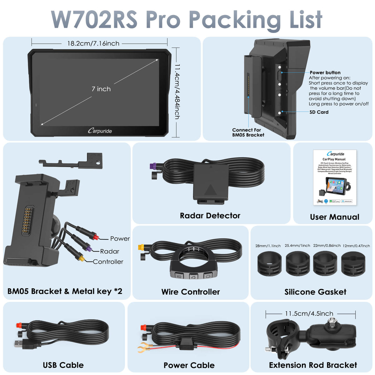Carpuride 702RS Pro with Optional TPMS - Motorcycle CarPlay with Radar BSD & Plug-and-Play Bracket