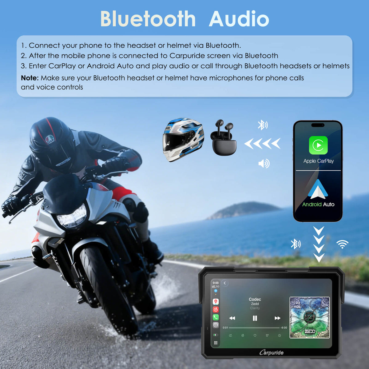 Carpuride W702 Plus Wireless Portable Motorcycle Stereo - Install Apps, Built-in GPS & Dual Cameras