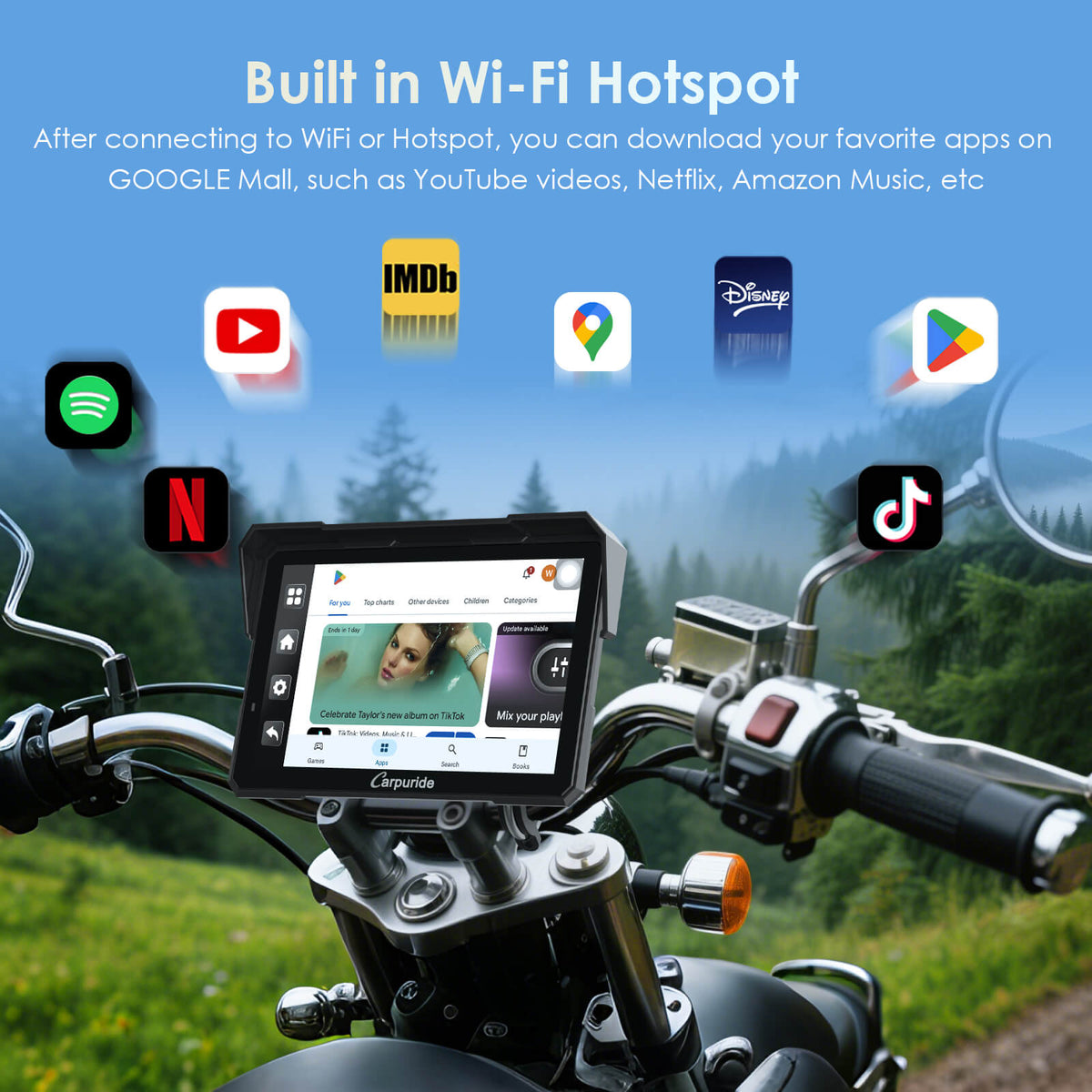 Carpuride W702 Plus Wireless Portable Motorcycle Stereo - Install Apps, Built-in GPS & Dual Cameras