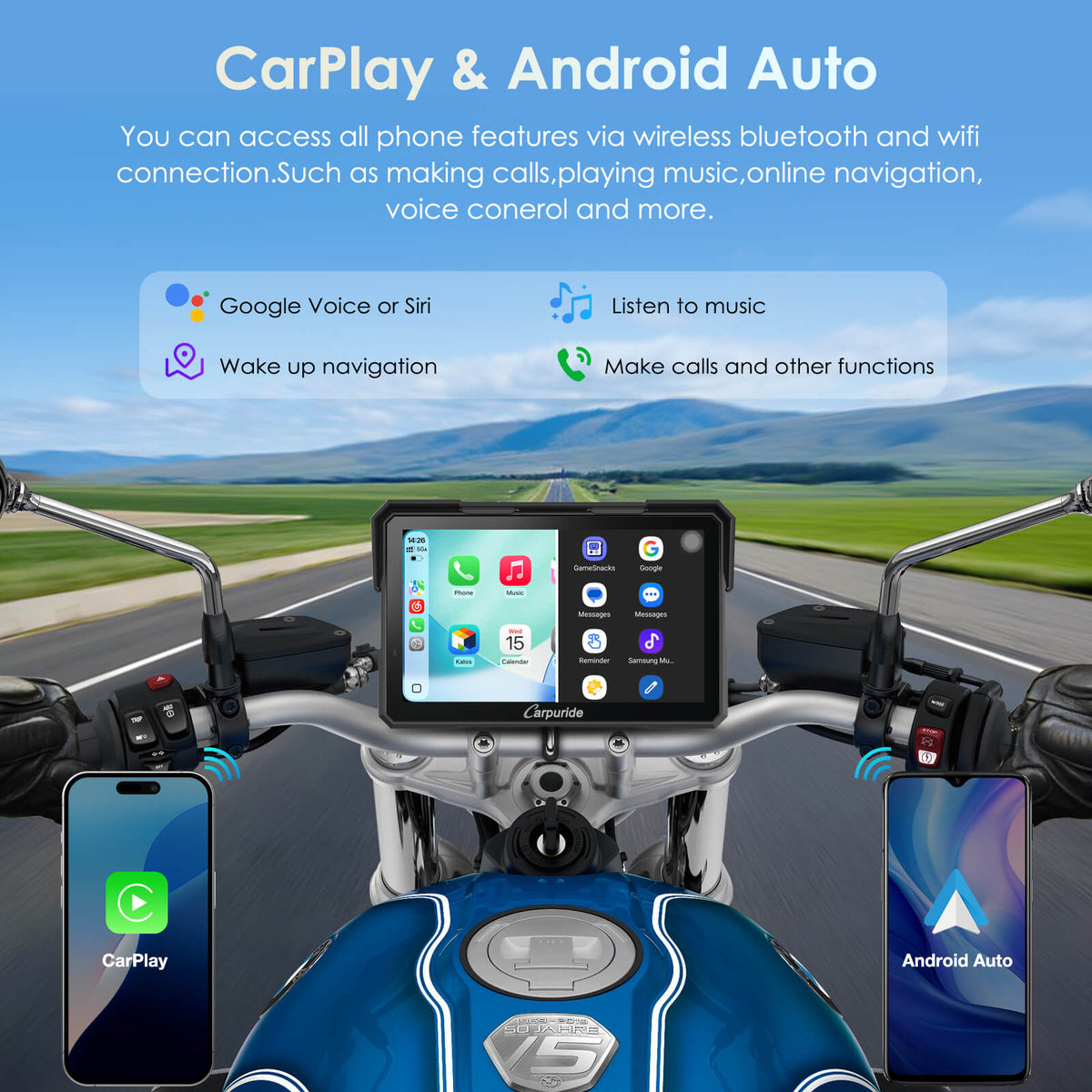 Carpuride W702 Plus Wireless Portable Motorcycle Stereo - Install Apps, Built-in GPS & Dual Cameras