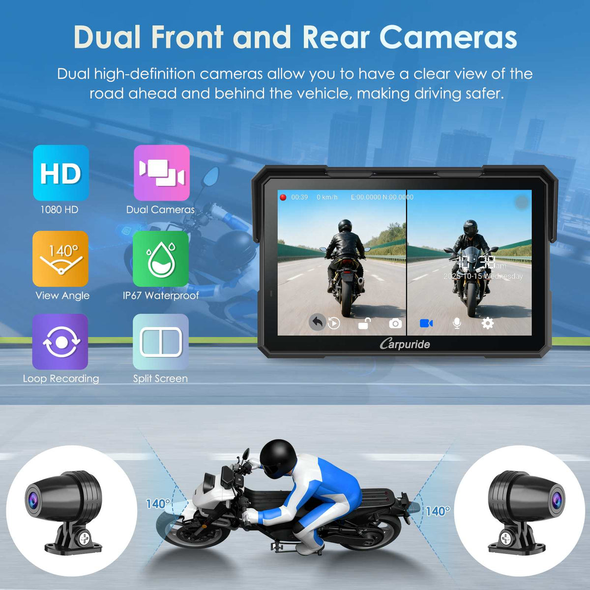Carpuride W702 Plus Wireless Portable Motorcycle Stereo - Install Apps, Built-in GPS & Dual Cameras
