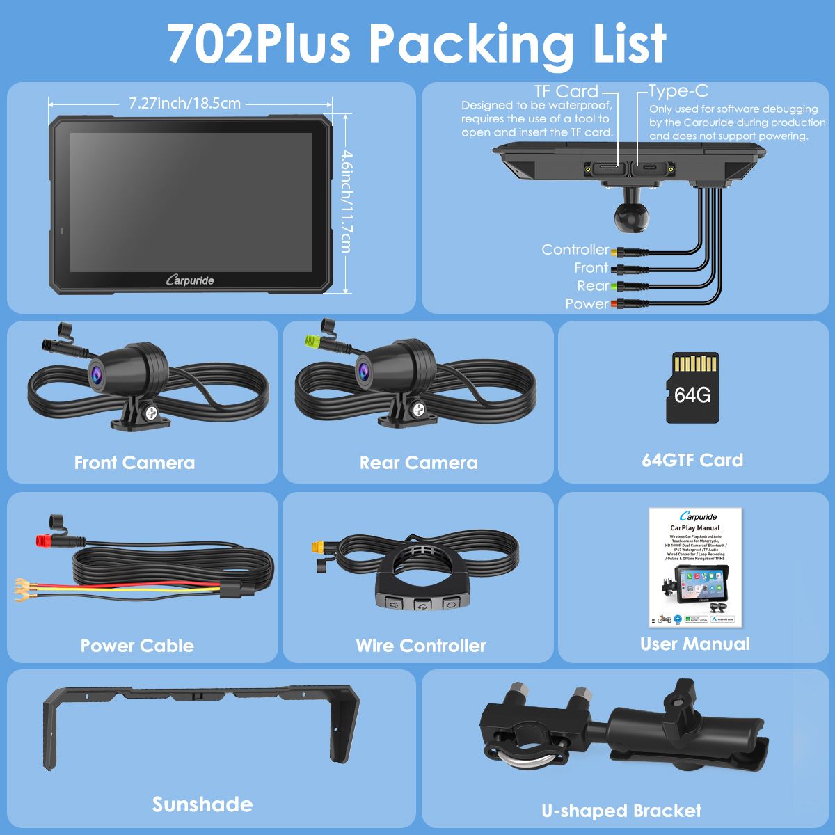 Carpuride W702 Plus Wireless Portable Motorcycle Stereo - Install Apps, Built-in GPS & Dual Cameras