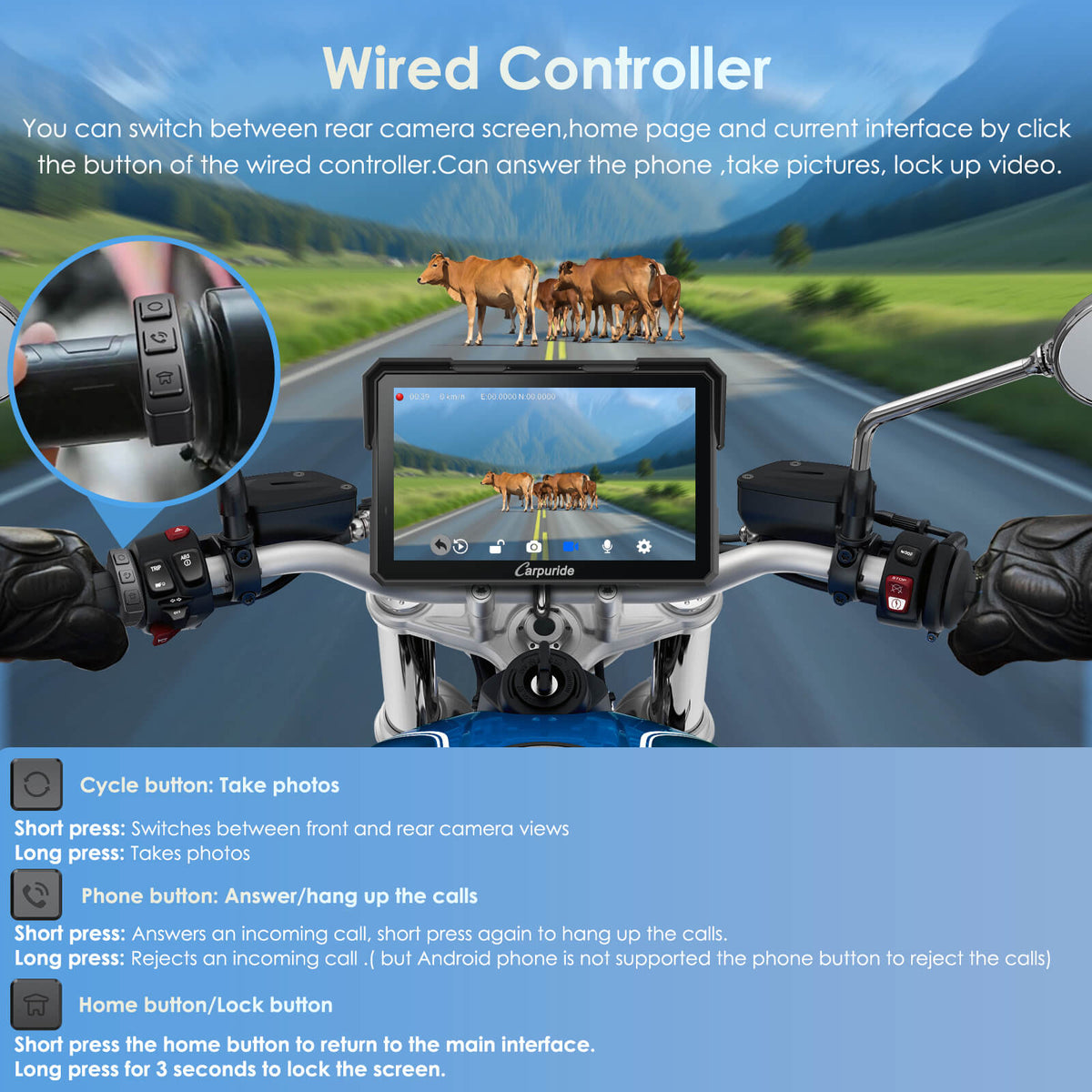 Carpuride W702 Plus Wireless Portable Motorcycle Stereo - Install Apps, Built-in GPS & Dual Cameras
