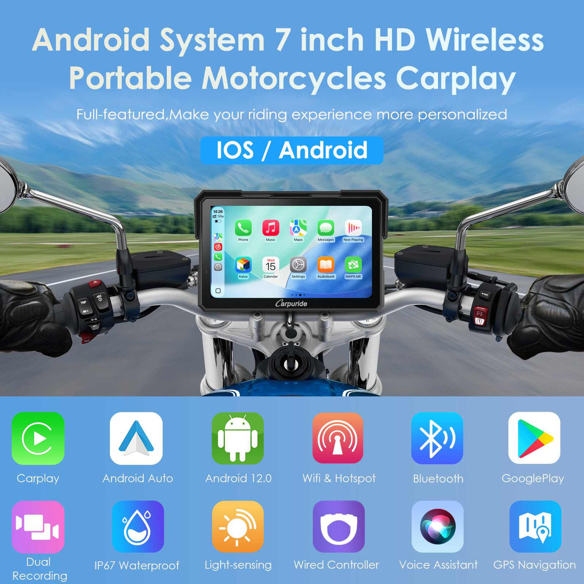 Carpuride W702 Plus Wireless Portable Motorcycle Stereo - Install Apps, Built-in GPS & Dual Cameras