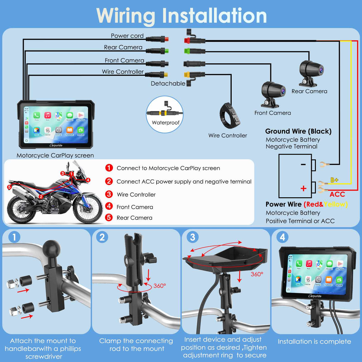 Carpuride W702 Plus Wireless Portable Motorcycle Stereo - Install Apps, Built-in GPS & Dual Cameras