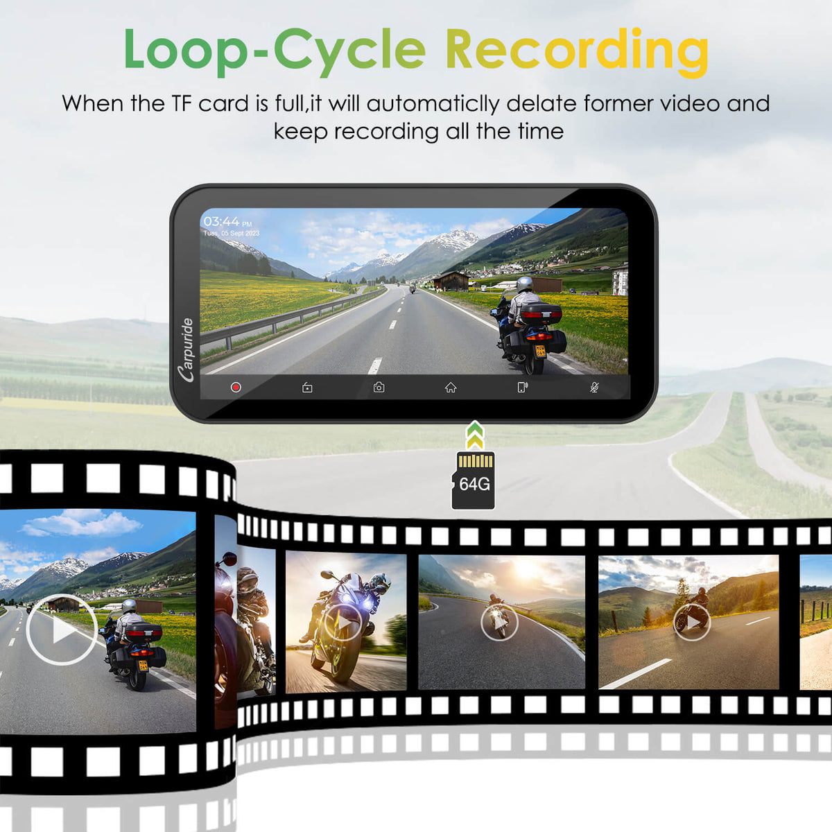 Carpuride W603D with TPMS Option | Wireless Portable Motorcycle Stereo with HD Dual Cameras