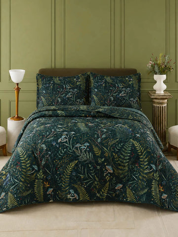 Enchanted Forest Mushroom Quilted 3-Piece Bedding Set – Dark Botanical Quilted Bedding With Matching Pillow Shams