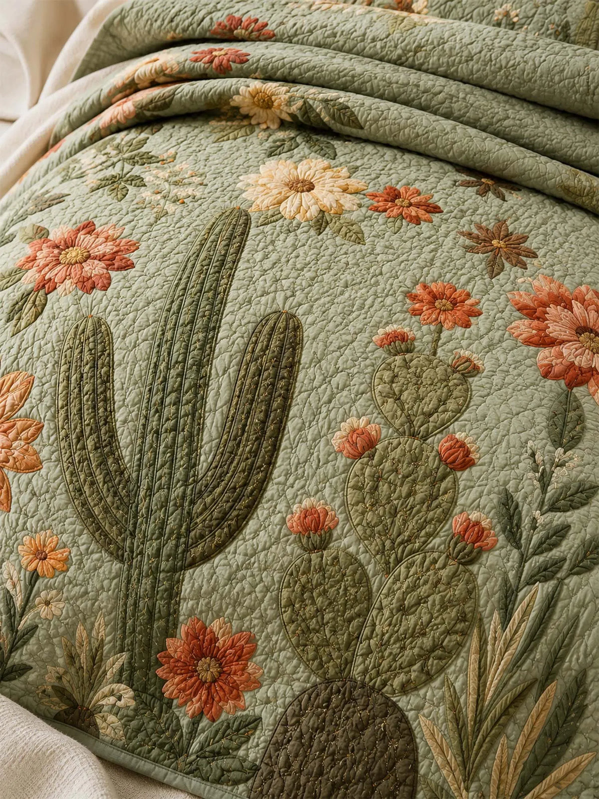 Cactus Garden Floral Quilted 3-Piece Bedding Set – Vintage Desert Style Quilted Bedding with Matching Pillow Shams