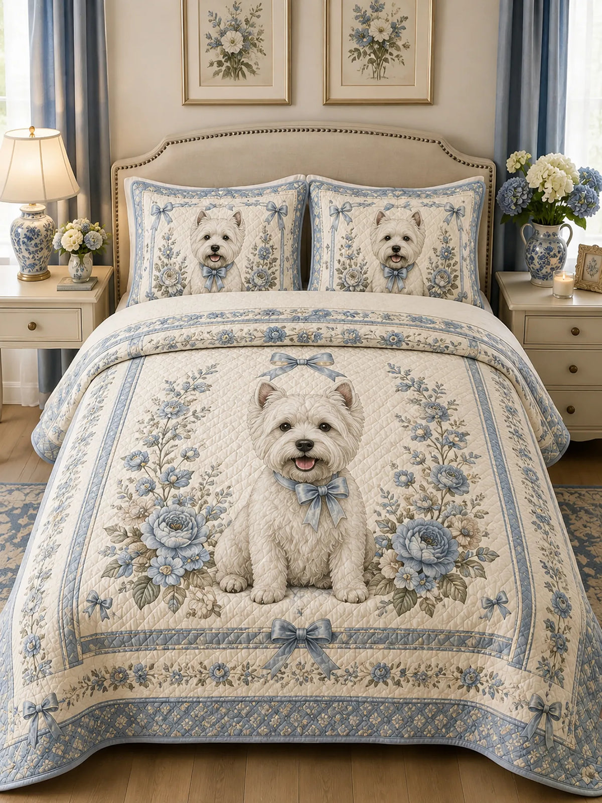 Vintage Westie Rose Bow 3‐Piece Quilted Bedding Set