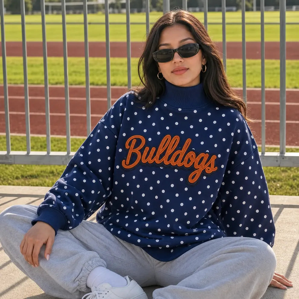 Custom Glitter Team Name Polka Dot Mockneck Sweatshirt – Personalized Game Day Spirit Pullover
