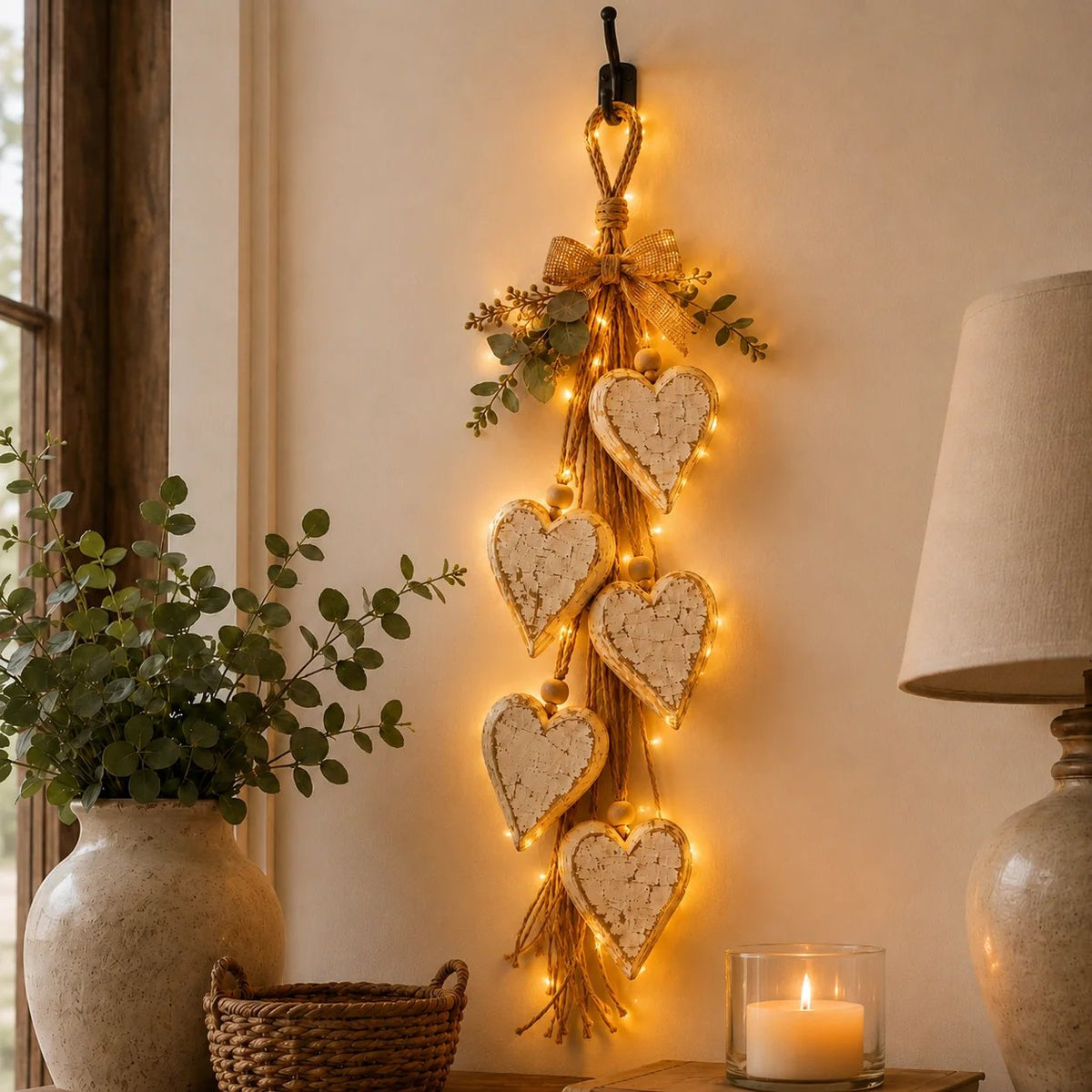 🩵 3D Solid Wood Lighted Hanging Heart Wall Decor – Remote-Controlled Rustic Farmhouse Decoration 🌊🎁BUY 2 FREE SHIPPING