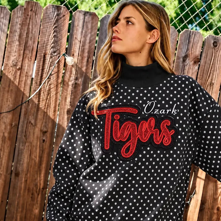 Custom Glitter Team Name Polka Dot Mockneck Sweatshirt – Personalized Game Day Spirit Pullover