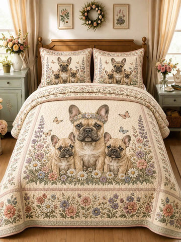 Flower‐Crown French Bulldog Family Garden 3‐Piece Quilted Bedding Set